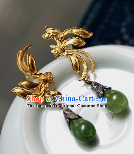 China Traditional National Jewelry Handmade Qing Dynasty Jade Ear Accessories Ancient Court Golden Earrings