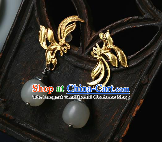 China Handmade Qing Dynasty White Jade Ear Accessories Ancient Court Golden Earrings Traditional National Jewelry