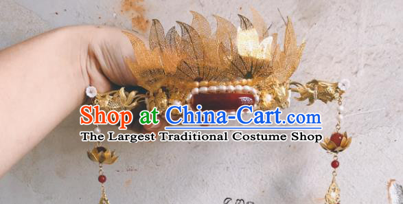 China Ming Dynasty Golden Phoenix Coronet Traditional Hanfu Hair Accessories Ancient Queen Agate Hair Crown