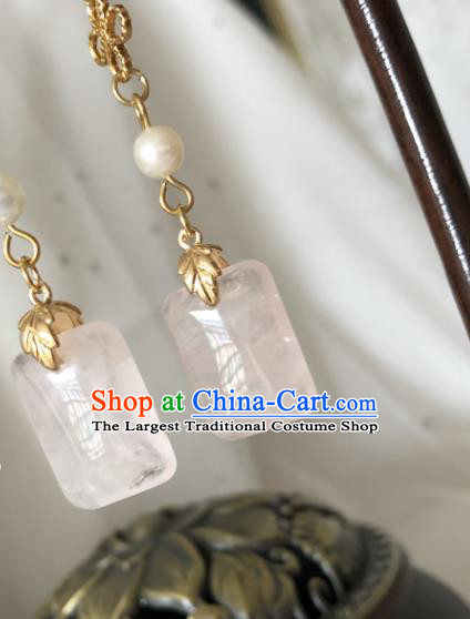 China Cheongsam Earrings Traditional Ming Dynasty Jewelry Ornaments Handmade Ancient Princess Rose Quartz Ear Accessories