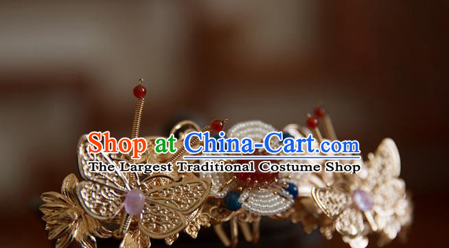 China Song Dynasty Golden Butterfly Pearls Flowers Hair Stick Traditional Hanfu Hair Accessories Ancient Princess Agate Pearls Hairpin