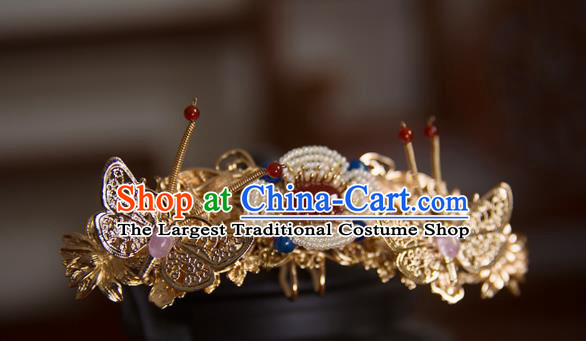 China Song Dynasty Golden Butterfly Pearls Flowers Hair Stick Traditional Hanfu Hair Accessories Ancient Princess Agate Pearls Hairpin