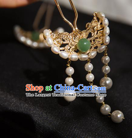 China Ming Dynasty Pearls Hair Clip Traditional Hanfu Hair Accessories Ancient Court Lady Brass Hairpin