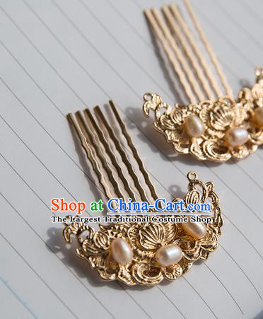 China Tang Dynasty Pearls Hairpin Traditional Hanfu Hair Accessories Ancient Princess Golden Hair Combs