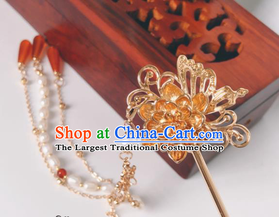China Ming Dynasty Golden Lotus Butterfly Hair Stick Traditional Hanfu Hair Accessories Ancient Princess Tassel Hairpin