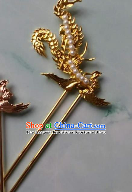 China Ming Dynasty Hair Stick Traditional Hanfu Hair Accessories Ancient Golden Phoenix Hairpins