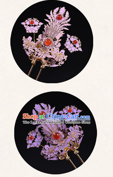 China Traditional Hanfu Hair Accessories Ancient Court Woman Purple Phoenix Hairpins Qing Dynasty Imperial Concubine Hair Stick