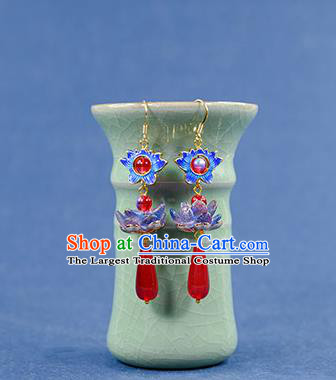 Chinese Classical Blueing Lotus Earrings Traditional Qing Dynasty Jewelry Ornaments Handmade Ancient Empress Ear Accessories