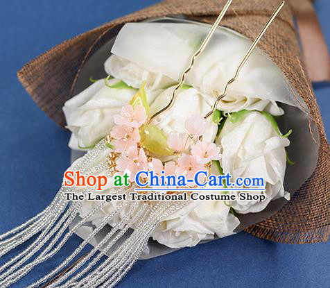 China Ancient Princess Long Tassel Hairpin Traditional Hanfu Ming Dynasty Hair Accessories Flowers Hair Stick