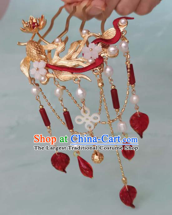 China Song Dynasty Golden Fish Hair Comb Ancient Court Woman Hairpins Traditional Hanfu Hair Accessories Agate Tassel Hair Stick