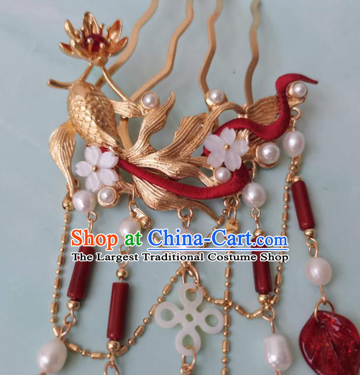 China Song Dynasty Golden Fish Hair Comb Ancient Court Woman Hairpins Traditional Hanfu Hair Accessories Agate Tassel Hair Stick