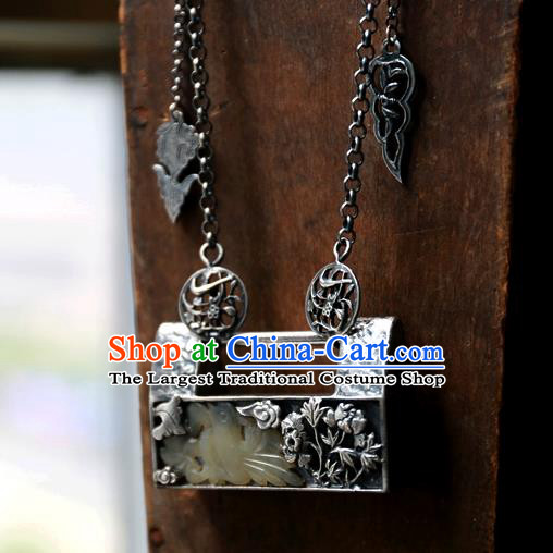 Handmade China National Silver Lock Jewelry Qing Dynasty Jade Accessories Traditional Retro Necklace Pendant
