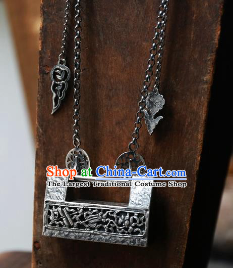 Handmade China National Silver Lock Jewelry Qing Dynasty Jade Accessories Traditional Retro Necklace Pendant
