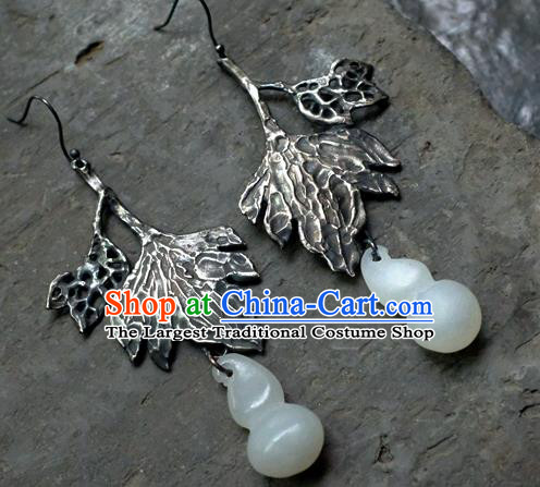 China Traditional White Jade Gourd Jewelry Ornaments National Cheongsam Earrings Handmade Silver Ear Accessories