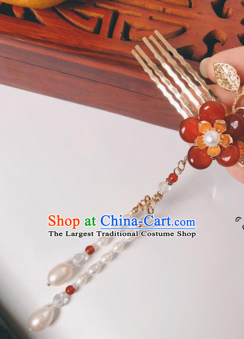 China Hanfu Hair Accessories Traditional Ancient Princess Pearls Tassel Hairpin Agate Plum Blossom Hair Comb