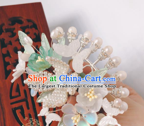 China Song Dynasty Hair Accessories Ancient Princess Pearls Flowers Hairpin Traditional Hanfu Shell Butterfly Hair Stick