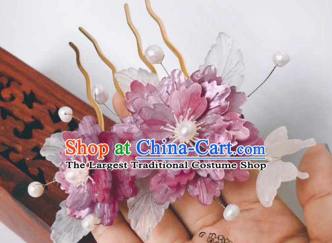 China Qing Dynasty Purple Peony Hair Comb Traditional Hanfu Hair Accessories Ancient Court Lady Shell Butterfly Hairpin