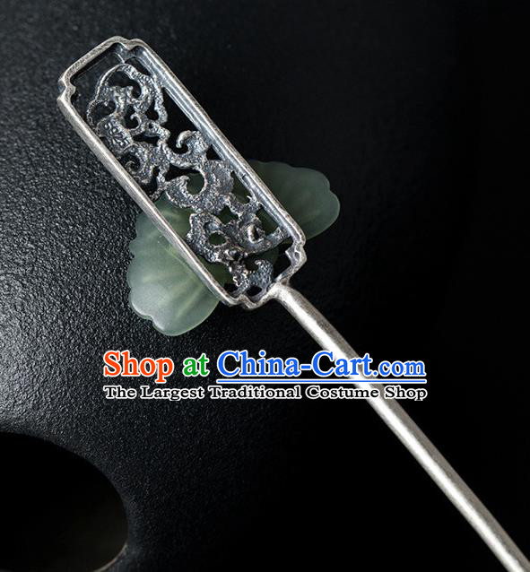 China Handmade Silver Carving Hairpin Traditional Hair Accessories Classical Cheongsam Jade Hair Stick
