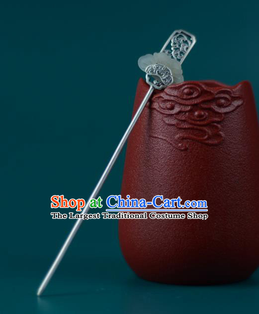 China Handmade Silver Carving Hairpin Traditional Hair Accessories Classical Cheongsam Jade Hair Stick