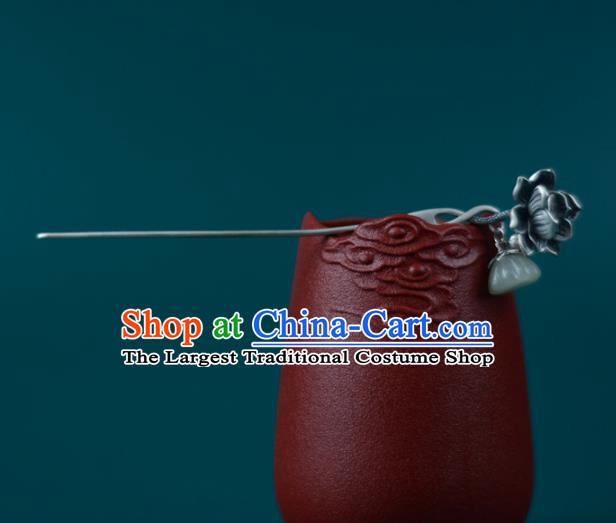 China Traditional Hair Accessories Classical Cheongsam Jade Hair Stick Handmade Silver Carving Lotus Hairpin