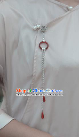 Chinese Traditional Agate Ring Accessories Cheongsam Brooch Jewelry Handmade Silver Carving Tassel Pendant