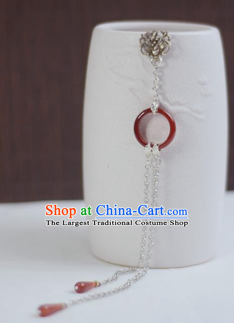 Chinese Traditional Agate Ring Accessories Cheongsam Brooch Jewelry Handmade Silver Carving Tassel Pendant