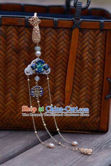 Chinese Handmade Breastpin Traditional Collar Accessories Cheongsam Blueing Brooch Jewelry White Jade Tassel Pendant