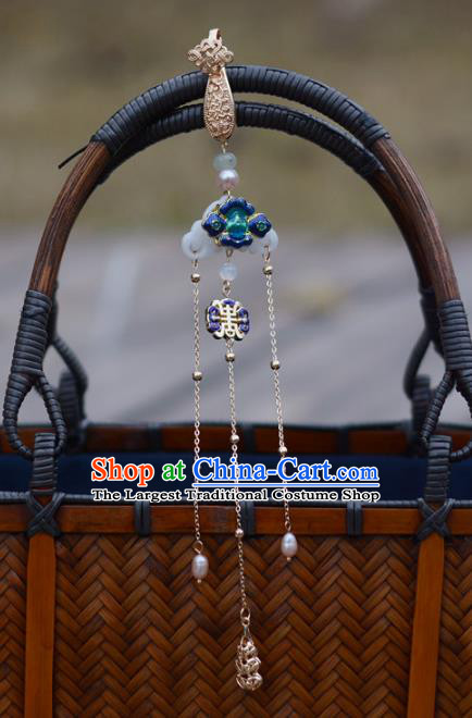 Chinese Handmade Breastpin Traditional Collar Accessories Cheongsam Blueing Brooch Jewelry White Jade Tassel Pendant