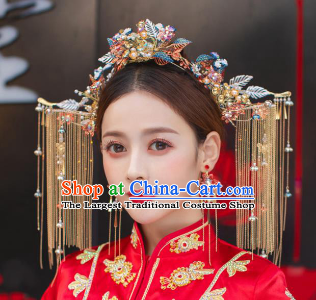 China Handmade Xiuhe Suit Blueing Phoenix Coronet Bride Tassel Hair Crown Traditional Wedding Hair Accessories