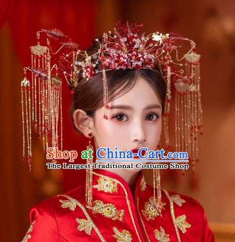 China Bride Red Beads Hair Crown Traditional Handmade Xiuhe Suit Deluxe Phoenix Coronet Wedding Hair Accessories