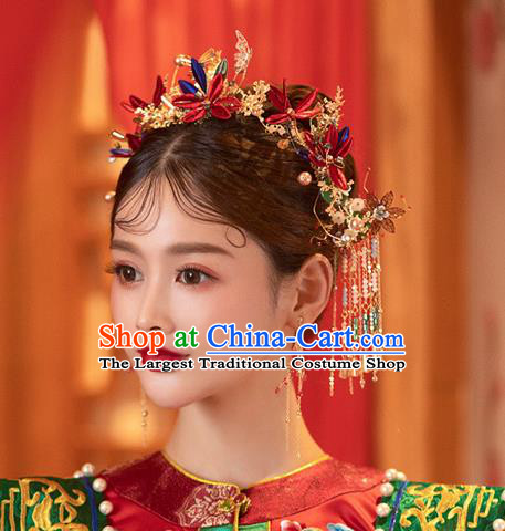 China Traditional Wedding Bride Xiuhe Suit Hair Accessories Handmade Hair Stick Tassel Hairpins Full Set