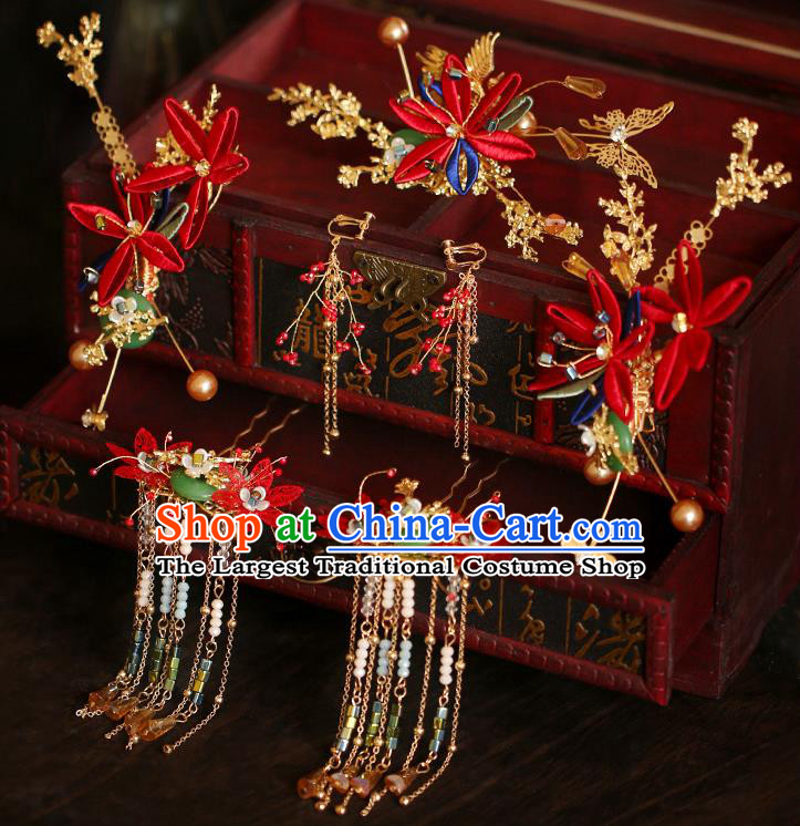 China Traditional Wedding Bride Xiuhe Suit Hair Accessories Handmade Hair Stick Tassel Hairpins Full Set