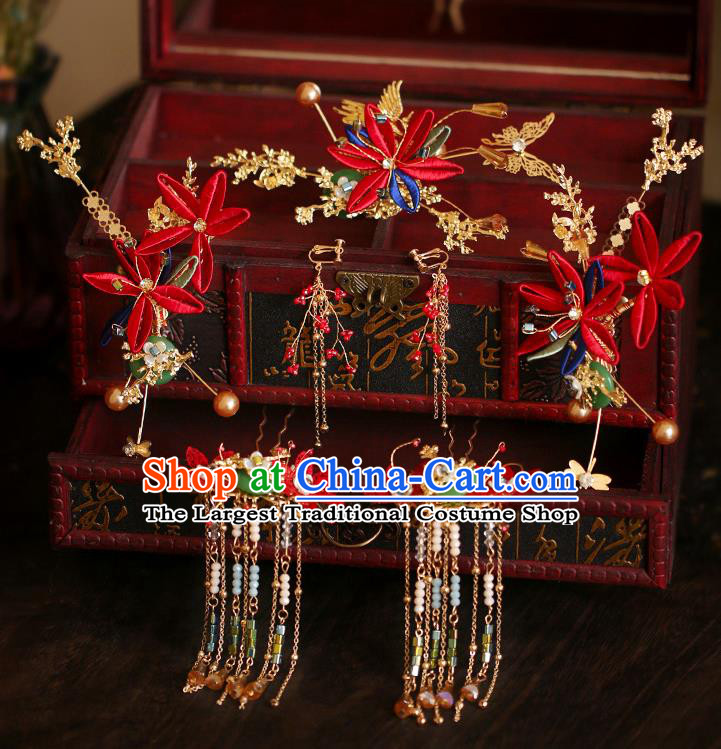 China Traditional Wedding Bride Xiuhe Suit Hair Accessories Handmade Hair Stick Tassel Hairpins Full Set