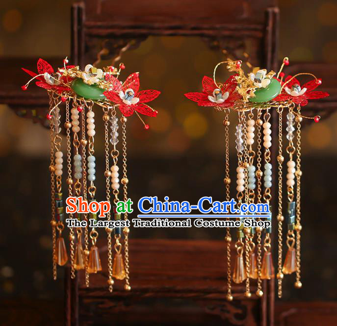 China Traditional Wedding Bride Xiuhe Suit Hair Accessories Handmade Hair Stick Tassel Hairpins Full Set