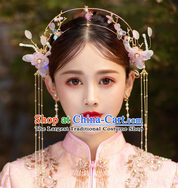 China Handmade Pink Flowers Hair Clasp Traditional Wedding Hair Accessories Bride Hair Crown