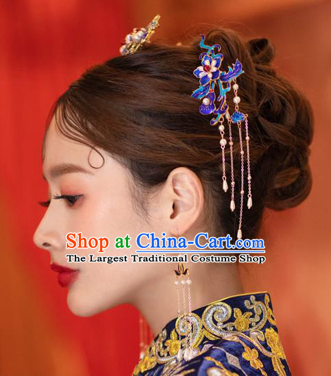 China Traditional Cloisonne Hair Comb and Hairpins Handmade Xiuhe Suit Hair Accessories Ming Dynasty Wedding Bride Hair Jewelry Full Set
