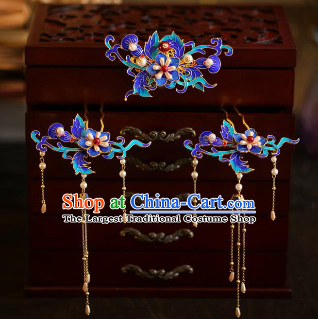 China Traditional Cloisonne Hair Comb and Hairpins Handmade Xiuhe Suit Hair Accessories Ming Dynasty Wedding Bride Hair Jewelry Full Set