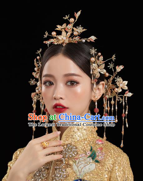 China Traditional Handmade Phoenix Coronet Xiuhe Suit Hair Accessories Wedding Bride Hair Jewelry Golden Crane Hair Crown Hairpins Full Set
