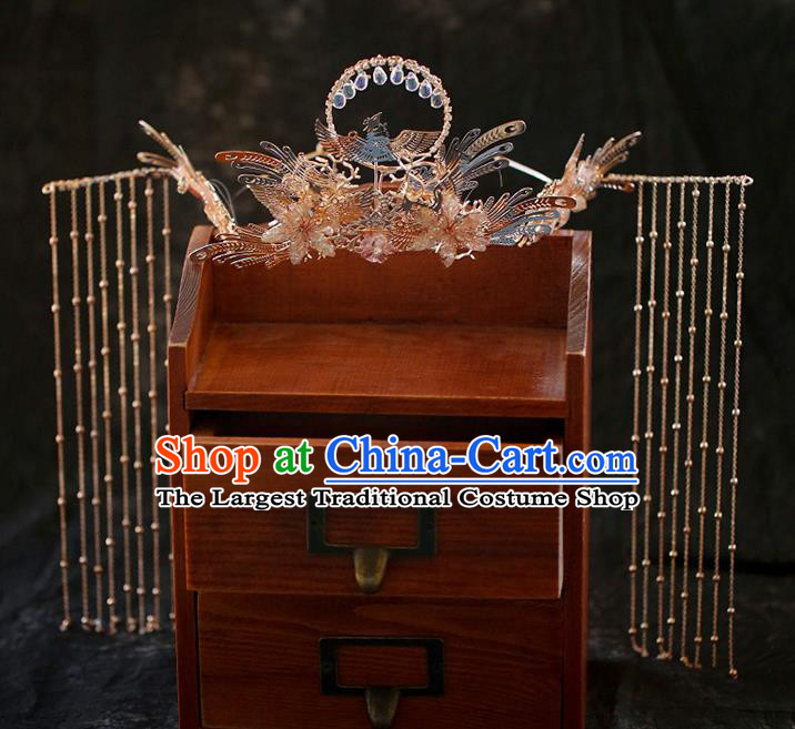 China Traditional Wedding Hair Accessories Bride Golden Hair Crown and Tassel Hairpins Full Set