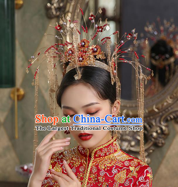 China Traditional Xiuhe Suit Hair Accessories Handmade Bride Headwear Wedding Deluxe Tassel Phoenix Coronet