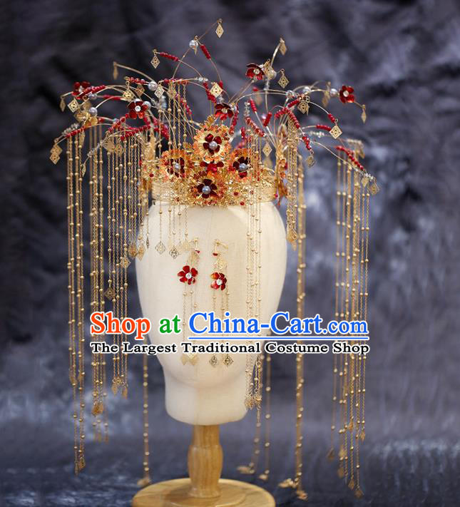 China Traditional Xiuhe Suit Hair Accessories Handmade Bride Headwear Wedding Deluxe Tassel Phoenix Coronet
