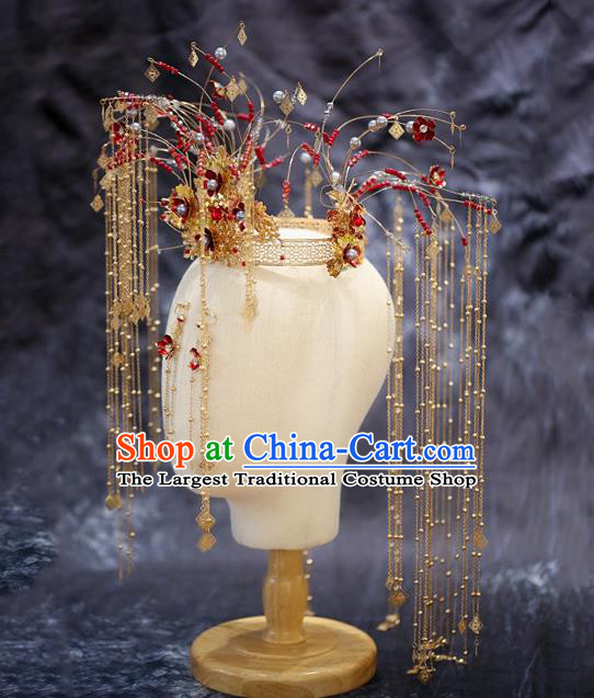 China Traditional Xiuhe Suit Hair Accessories Handmade Bride Headwear Wedding Deluxe Tassel Phoenix Coronet