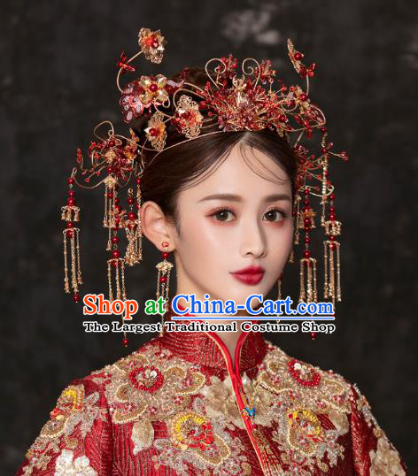 China Traditional Wedding Hair Accessories Bride Red Peacock Phoenix Coronet and Tassel Hairpins Full Set