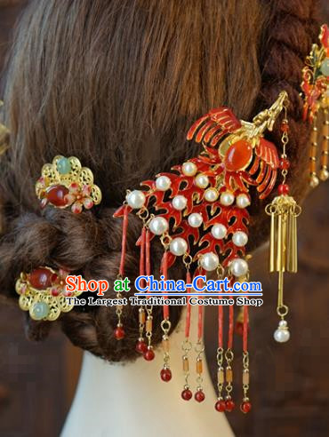 China Traditional Red Phoenix Hair Stick Wedding Xiuhe Suit Hair Accessories Bride Agate Tassel Hairpin