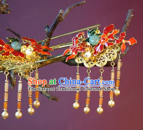 China Traditional Tassel Flower Hair Stick Wedding Xiuhe Suit Hair Accessories Bride Jade Hairpin