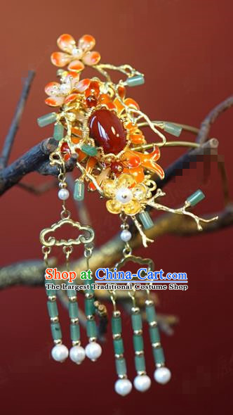 China Traditional Jade Tassel Hair Stick Wedding Xiuhe Suit Hair Accessories Bride Plum Blossom Agate Hairpin