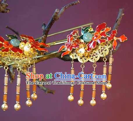 China Traditional Wedding Hair Accessories Ancient Bride Tassel Hair Combs Hairpins and Earrings Full Set