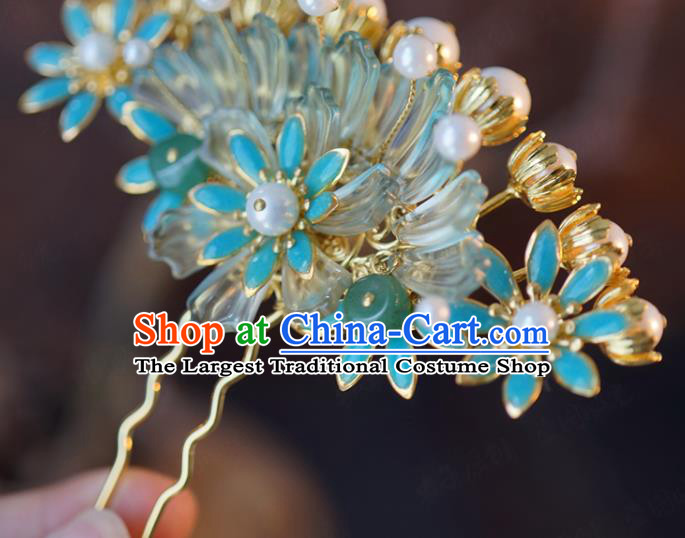 China Ancient Bride Blue Flower Hair Comb and Tassel Hairpins and Earrings Traditional Wedding Hair Accessories Complete Set