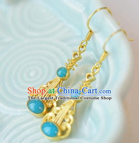 Top Grade Traditional China Ancient Court Woman Earrings Qing Dynasty Golden Lute Ear Jewelry Accessories