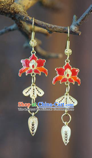 China Traditional Qing Dynasty Ear Jewelry Accessories Top Grade Ancient Queen Cloisonne Red Lotus Earrings